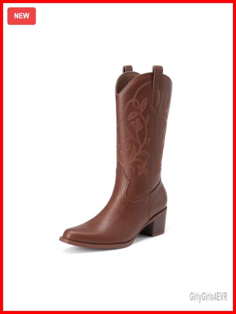 Women's Western Mid Calf Cowboy Boots Faux Leather Square Toe Embroidery Chunky